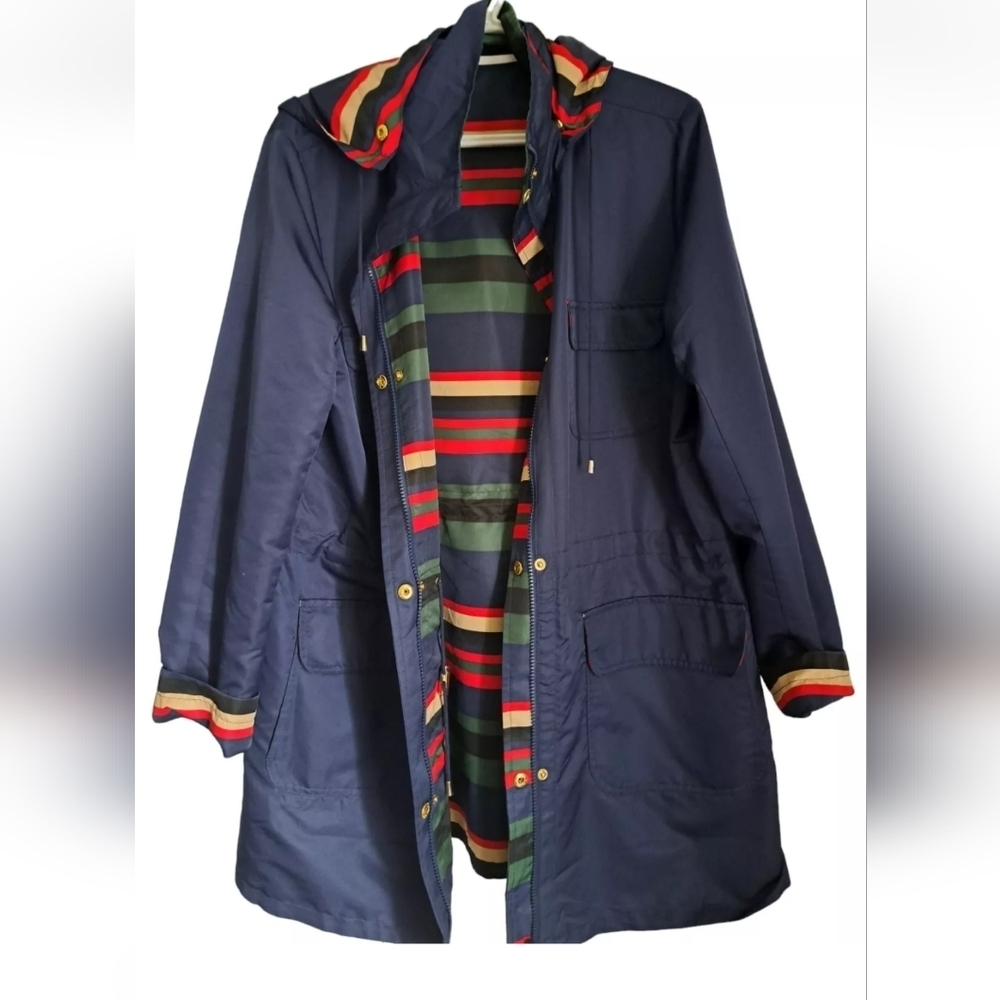 C WONDER Reversible hooded jacket solid navy multi stripe zip windbreaker size L - Picture 4 of 6